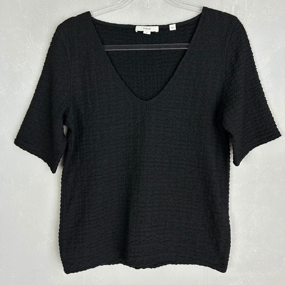 Vince women size L v-neck smocked textured top black cotton stretch - Picture 1 of 10